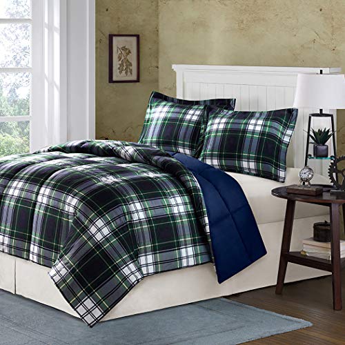 CA 2 Piece White Green Navy Blue Buffalo Checked Comforter Twin/Twin XL Set, Classic Plaid Madras Bedding Extra Warmth Lightweight Checkered Yellow Down Alternative, Reversible Solid Microfiber