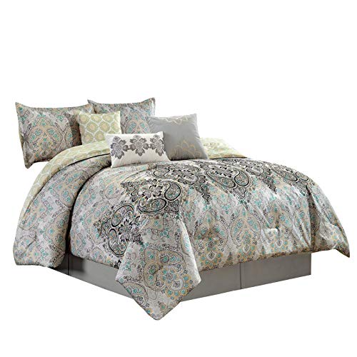 Chezmoi Collection Bombay 7-Piece Medallion Paisley Scroll Embroidered Comforter Set Queen Size