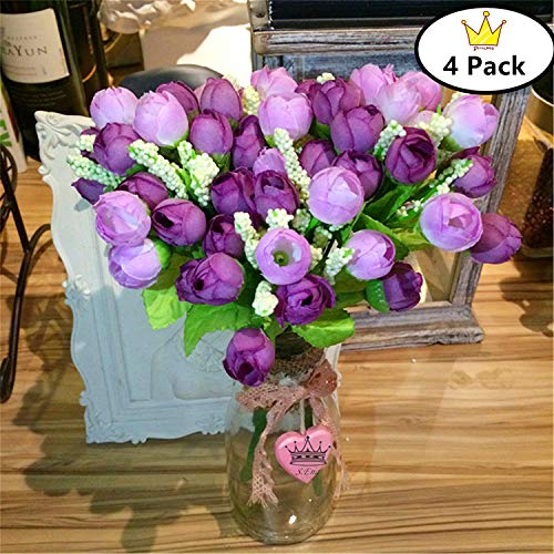 S.Ena, 5 Branch 15 Heads Artificial Silk Fake Flowers Leaf Finger Rose Wedding Floral Home Decor Bouquet Birthday Party DIY, Pack of 4 (Purple + Light Purple)