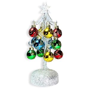 BANBERRY DESIGNS Glass Christmas Tree with LED Lights - White Iridescent Glitter with 12 Mini Ball Ornaments - 8 1/2 H