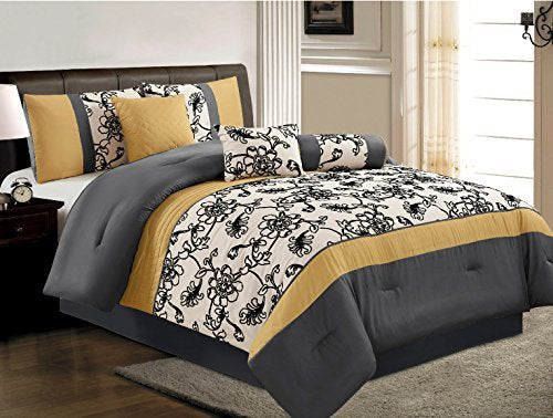 7 Pieces Luxury Yellow, Black, White and Grey Embroidered Comforter Set / Bed-in-a-bag Queen Size Bedding
