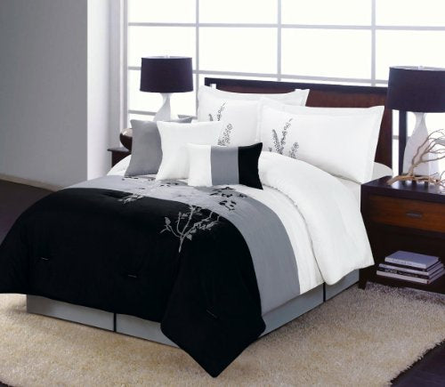 7 piece Vine Comforter Set Black, White, Grey Bedding QUEEN size Bed In A Bag