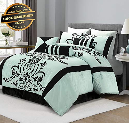 Gatton Premium New 7-Piece Aqua Blue Black Flocked Floral Comforter Set Cal King | Style Collection Comforter-311012774