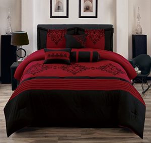 7 Piece Red & Black Oversized Flocking Comforter Set (Queen)