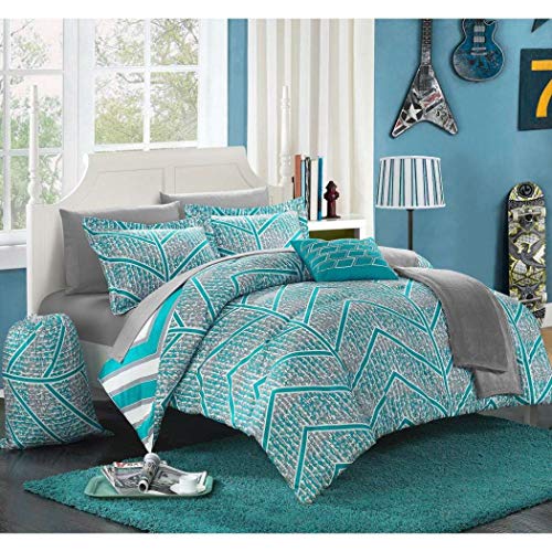 10 Piece Twin Xl Aqua Blue Chevron Comforter Set, Zig Zag Chevron Pattern Reversible Bed in a Bag, Abstract Color Geometric Design Graphic Contemporary Light Blue, Turquoise Teal