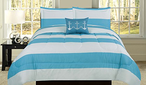 How Plumb Nautical Full/Queen Comforter Blue White Nautical Stripe Bedspread Bedding 4 Piece Bed Set Embroidered Anchor Pillow