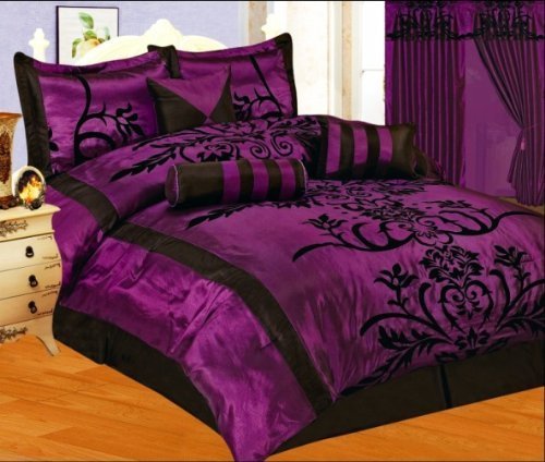 7 PC MODERN Black Purple Flock Satin COMFORTER SET / BED IN A BAG - FULL SIZE BEDDING