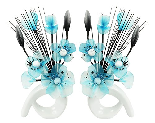 FLOWER DREAMS RED ROSE FIGURINE Flourish 794736 QH1 Matching Pair of White Vases with Teal Blue Nylon Artificial Flowers in Vases Fake Flowers Ornaments Small Gift Home Accessories 32cm