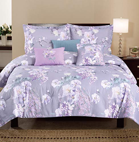 6 Piece Printed Floral Oversize and Overfilled Comforter Set with Embroidered Cushion (Purpler Flower, King)