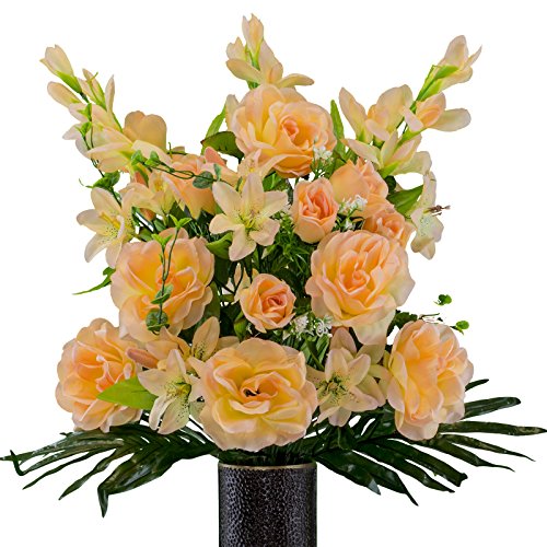 Peach Gladiolus and Rose Mix Artificial Bouquet, featuring the Stay-In-The-Vase Design(c) Flower Holder (SM2179)