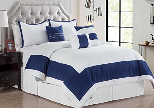 Empire Home 7 Piece Solid Soft Oversized Comforter Set 21210 (White / Navy, Queen)