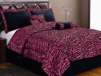 Queen 7 Piece Bedding Flock Comforter Set Black / Pink Zebra Bed-in-a-bag