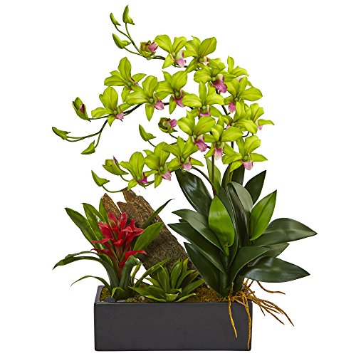 Nearly Natural Dendrobium Orchid and Bromeliad Silk Arrangement, Green