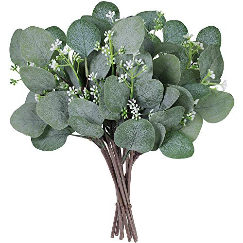 Supla 10 Pcs Artificial Seeded Eucalyptus Leaves Stems Bulk Artificial Silver Dollar Eucalyptus Leaves Plant in Grey Green 11.8 Tall Artificial Greenery Holiday Greens Wedding Greenery