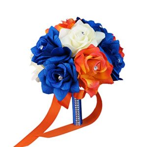 8 Wedding Bouquet - Ivory, Royal Blue, Orange Artificial Rose Bouquet