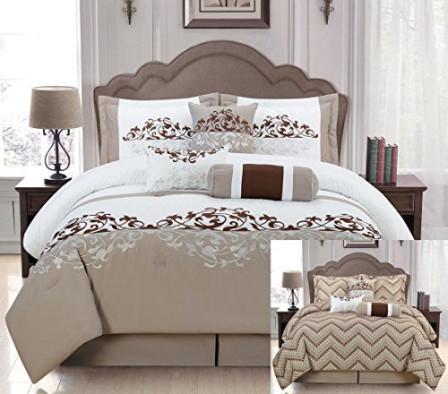 7 Pieces Luxury Reversible Taupe, White and Brown Comforter Set / Bed-in-a-bag Queen Size Bedding