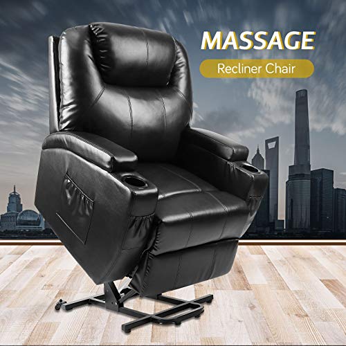 Vosson Recliner Power Lift Chair Pu Leather Recliner Massage Chair Electric Chair for Elderly with 2 Massage Points,Drink Holders,Pockets & Remote(Black)