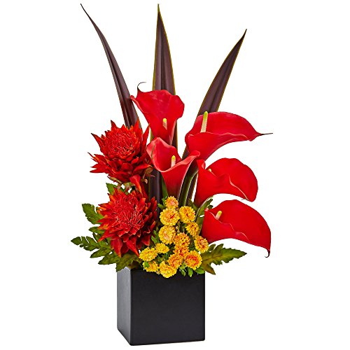 Nearly Natural Tropical Floral and Calla Lily Arrangement, Red/Orange