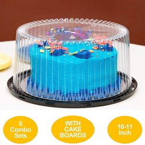 10-11 Plastic Disposable Cake Containers Carriers with Dome Lids and Cake Boards | 5 Round Cake Carriers for Transport | Clear Bundt Cake Boxes Cover | 2-3 Layer Cake Holder Display Containers
