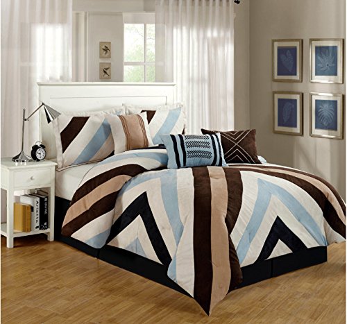 7 Pieces Luxury Micro Suede Chevron Design Brown, Blue Comforter Set / Bed-in-a-bag Queen Size Bedding