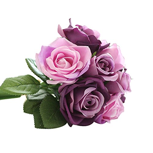 MaxFox 9 Heads Artificial Flowers, Silk Fake Rose Floral Bridal Holding Bouquet&Arrangement in Ceramic Decor Room (Purple)