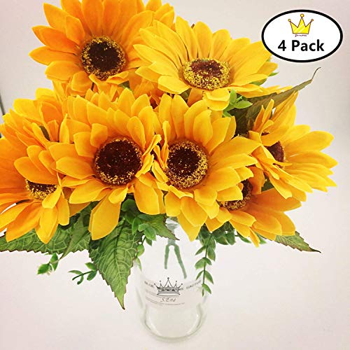 S.Ena 7 Branch 7 Head Artificial Silk Fake Flowers Sunflower Wedding Floral Home Decor Bouquet Birthday Party DIY, Pack of 4 (Yellow)