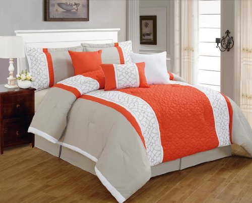 7 Pieces Luxury Coral Orange, Grey and Tan White Quilted Linen Comforter Set / Bed-in-a-bag Queen Size Bedding