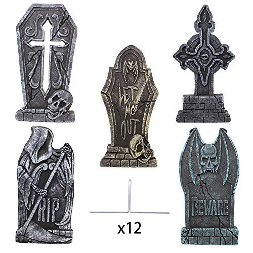 JOYIN 17 Halloween Foam RIP Graveyard Tombstones (5 Pack), Headstone Decorations and 12 Bonus Metal Stakes for Halloween Yard Decorations