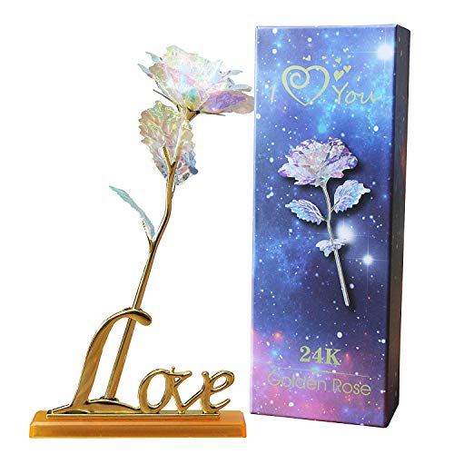 Happyear 24K Colorful Rose Artificial Flower Unique Gifts Valentine's Day Thanksgiving Mother's Day Girl's Birthday for Girlfriend, Mom, Wife (Rose(with Base))