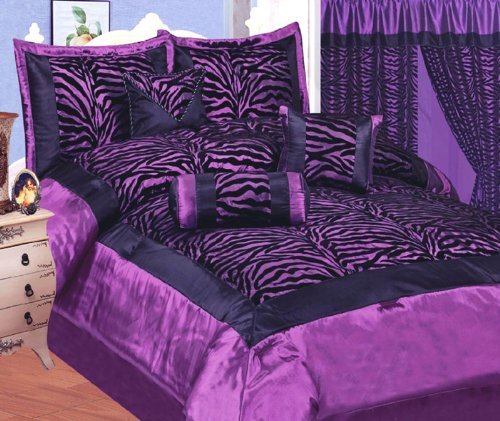 Queen Faux Silk and Flocking Black / Purple Zebra Comforter Set Bedding-in-a-bag