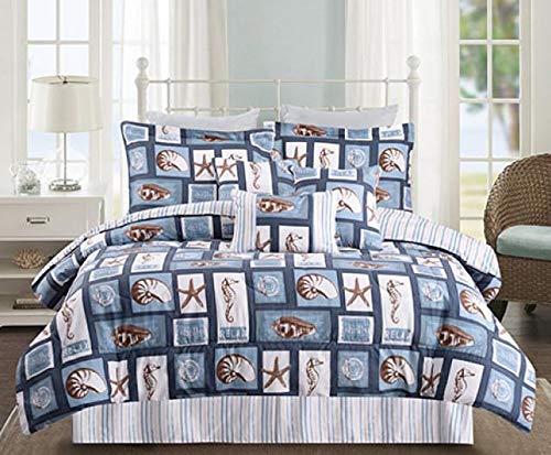 Coastal Living Blue & Tan Seashells, Starfish, Seahorse, Beach House Nautical Stripes King Comforter Set (7 Piece Bed in A Bag) + Homemade Wax Melts