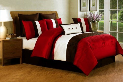 8 Pieces Red Off White Brown Luxury Stripe Comforter (88x86) Bed-in-a-bag Set Full Size Bedding