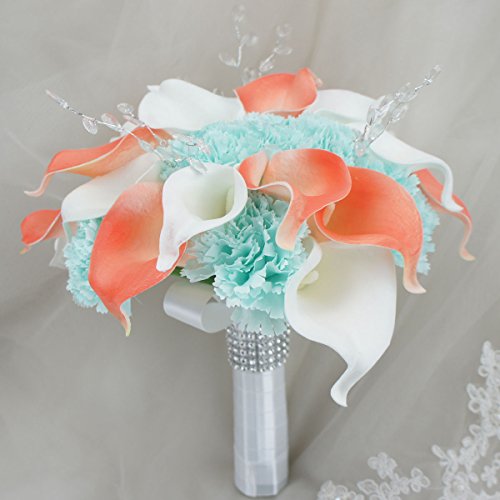 Lily Garden Real Touch Calla Lily Coral and White and Carnation Turquoise Flowers Wedding Bouquet (24 Stems Bouquet)