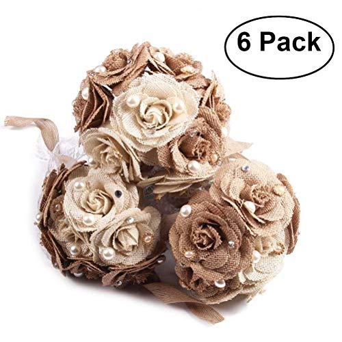 Tinksky Rustic Wedding Bouquet Burlap Flower Bouquet Lace and Pearls Wedding Anniversary Engagement Decoration, Christmas Gift, Pack of 6