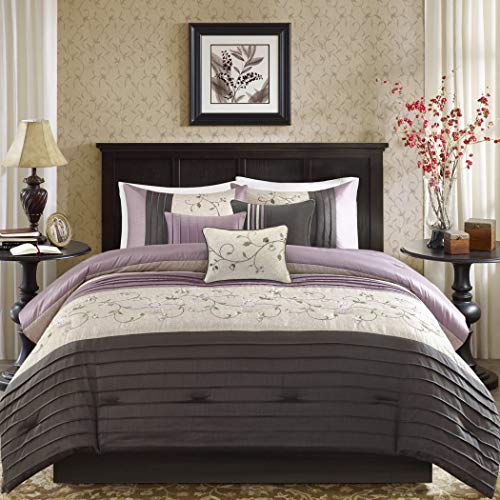 7 Piece Plum Purple Charcoal Grey Floral Embroidery Comforter Cal King California Set, Purple Adult Bedding Master Bedroom Modern Stylish Pintuck Leaf Swirl Pattern Elegant Classic Themed, Polyester