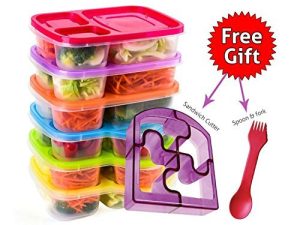 Bento Lunch Box 3 Compartment Food Containers - Set of 6 Storage meal prep Container Boxes- Ideal for Adults, Toddler, Kids, Girls, and Boys - Free 2-in-1 Fork/Spoon & Puzzle Sandwich Cutter