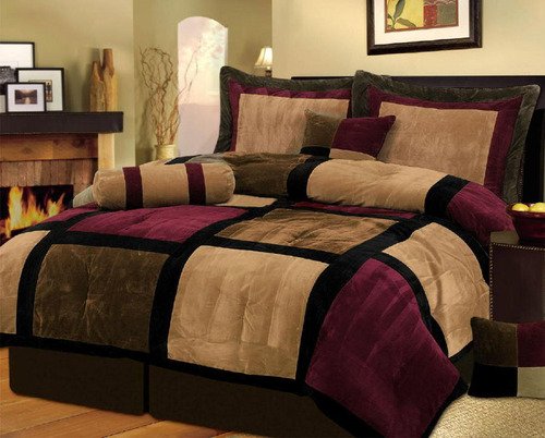 7 PC MODERN Black Burgundy Red Brown Suede COMFORTER SET / BED IN A BAG - (California) CAL KING SIZE BEDDING