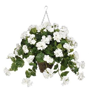 House of Silk Flowers Artificial White Geranium in Square Hanging Basket