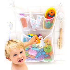 Bath Toy Organizer -The Original Tub Cubby - Large 14x20 Quick Dry Bathtub Mesh Net - Massive Baby Toy Storage Bin + 3 Soap Pockets - 2X Locking Suction Cups - 4- Sticker Hooks