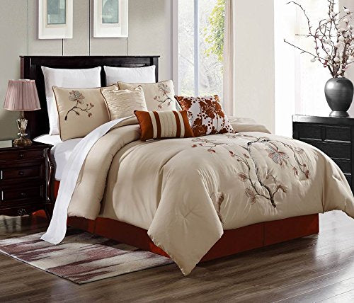 7 Piece Luxury Comforter/Bedding Set with Cushion, Shams, and Bedskirt (California King, Embroidery Asian Flower)