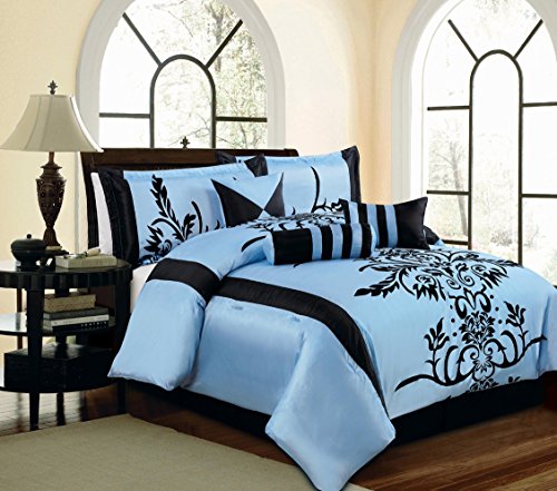 7 Pc Modern Black Blue Flock Satin Comforter SET / BED in a BAG - King Size Bedding