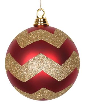 Vickerman Red Matte with Gold Glitter Chevron Commercial Size Christmas Ball Ornaments 6 (150mm)