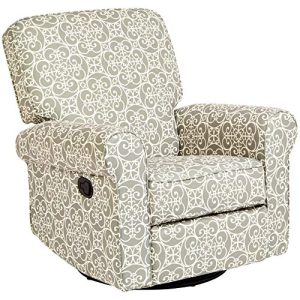 JC Home Menet Swivel Glide Recliner with Fabric Upholstery in a Scrollwork Print, Gray and White