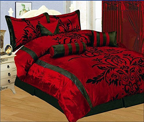 7 Piece Faux Silk Satin Comforter Set Bedding-in-a-bag, Burgundy Red Black- QUEEN