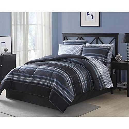 Queen Comforter Set 8 Piece Complete Bedding Set Blue Gray Stripe