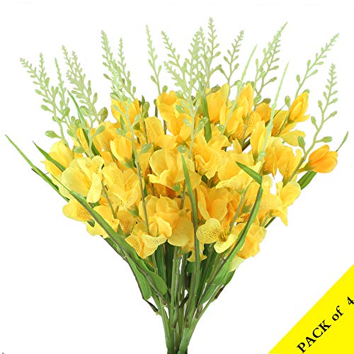 XYXCMOR Artificial Silk Flowers Yellow Gladiolus Hybridus Fake Floral Bouquets Indoor Outdoor Vase Filler Home Kitchen Patio Wedding Centerpieces Arrangements Farmhouse Decor Pack of 4