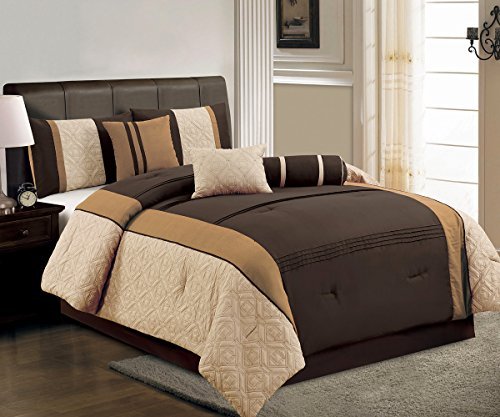 7 Pieces Luxury Chocolate Brown, Camel and Beige Quilted Linen Comforter Set / Bed-in-a-bag Full Size Bedding