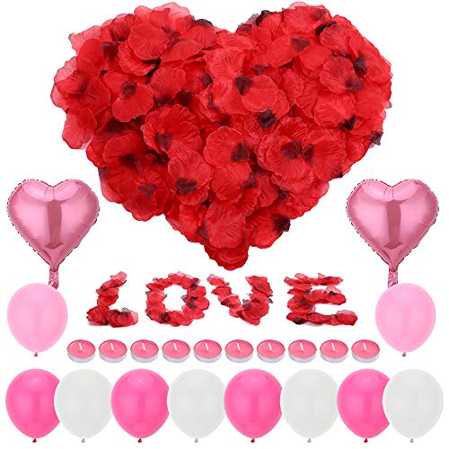 Auihiay Romantic Silk Rose Petals Candles Set Include 1000pcs Red Artificial Flower Petals, 10pcs Tea Lights Candles, 12pcs Balloons for Valentine Wedding Romantic Party Decoration