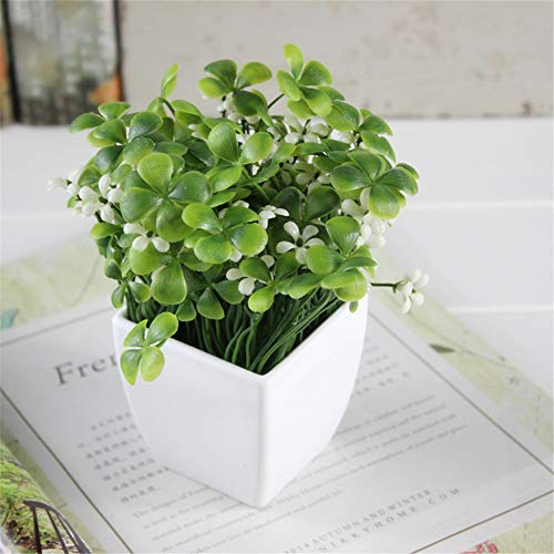 JruF Small Square Four-Leaf Clover + Flower (White) Fake Potted Plant Artificial Plant Bonsai Plastic House Plant Bathroom Home Kitchen Office Bookcase Garden