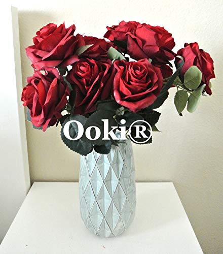 Ooki Blood Red Dark Artificial Rose Flower 2 Bundle Total 20 Heads Arrangement Silk Bouquet Home Office Parties Wedding Decoration